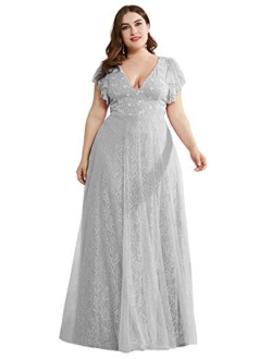 Women's Double V-Neck Floral Lace Plus Size Evening Dress 0857-PZ