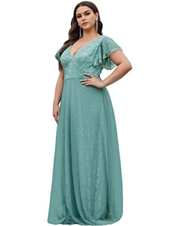 Women's Double V-Neck Floral Lace Plus Size Evening Dress 0857-PZ