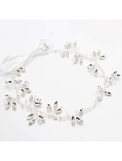 Crystal Wedding Headband For Women Rhinestone Bridal Headpiece Pearl Wedding Hair Accessories For Bride (Floral Silver)