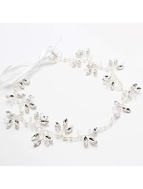 Milisente Crystal Wedding Headband For Women Rhinestone Bridal Headpiece Pearl Wedding Hair Accessories For Bride (Floral Silver)