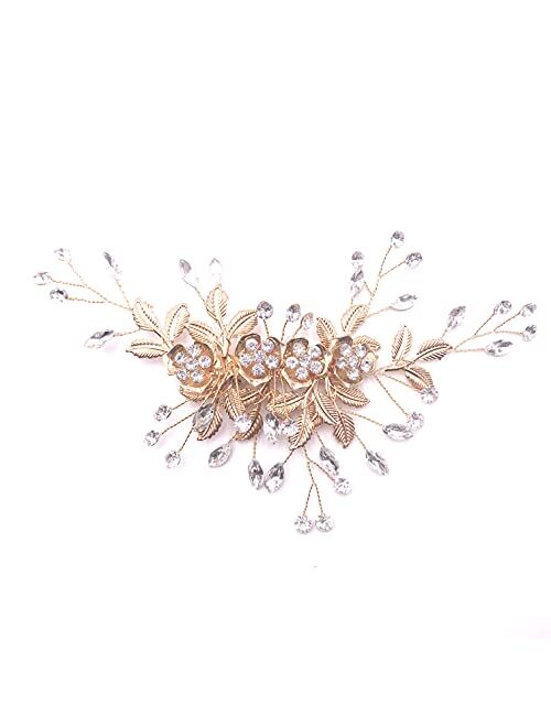 Milisente Bridal Side Comb Crystal Floral Rhinestone Headpieces For Bride Cute Wedding Hair Accessories(Gold)