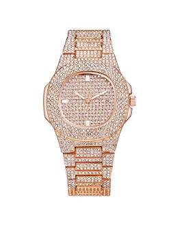 Luxury Mens/Womens Unisex Crystal Iced-Out Watch Diamond Watches for Men Oblong Silver/Gold Wristwatch Fashion Quartz Analog Watch Stainless Steel Bracelet for Wo