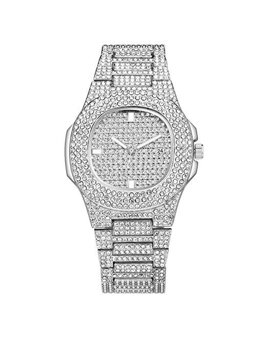 SIBOSUN Luxury Mens/Womens Unisex Crystal Iced-Out Watch Diamond Watches for Men Oblong Silver/Gold Wristwatch Fashion Quartz Analog Watch Stainless Steel Bracelet for Wo