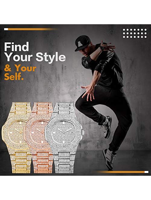 SIBOSUN Luxury Mens/Womens Unisex Crystal Iced-Out Watch Diamond Watches for Men Oblong Silver/Gold Wristwatch Fashion Quartz Analog Watch Stainless Steel Bracelet for Wo