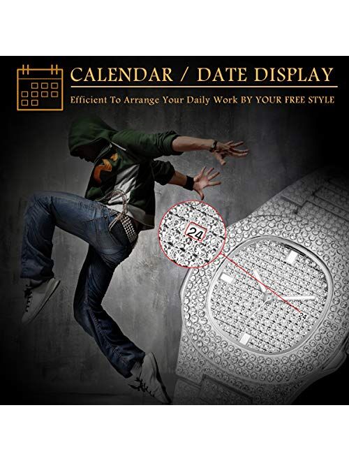 SIBOSUN Luxury Mens/Womens Unisex Crystal Iced-Out Watch Diamond Watches for Men Oblong Silver/Gold Wristwatch Fashion Quartz Analog Watch Stainless Steel Bracelet for Wo