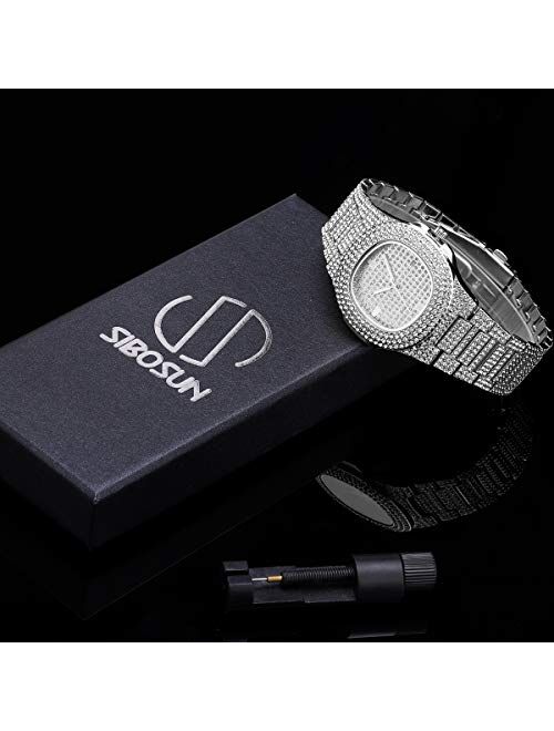 SIBOSUN Luxury Mens/Womens Unisex Crystal Iced-Out Watch Diamond Watches for Men Oblong Silver/Gold Wristwatch Fashion Quartz Analog Watch Stainless Steel Bracelet for Wo