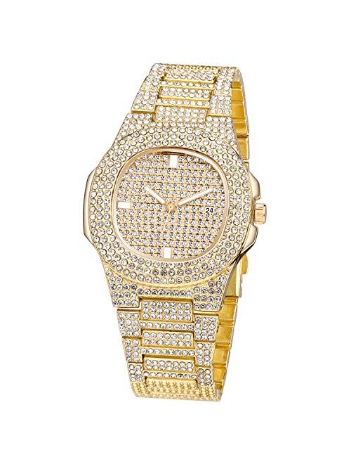 SIBOSUN Luxury Mens/Womens Unisex Crystal Iced-Out Watch Diamond Watches for Men Oblong Silver/Gold Wristwatch Fashion Quartz Analog Watch Stainless Steel Bracelet for Wo