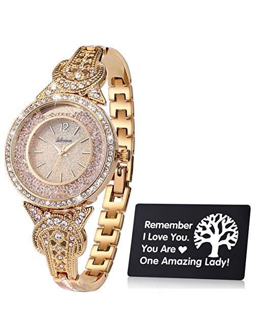 SIBOSUN Lady Women Wrist Watch Quartz Stainless Steel Crystal Dress Fashion Bracelet + Life Tree Family Tree Card Amazing Lady for Mother Sister Girlfriend Mother-in-Law