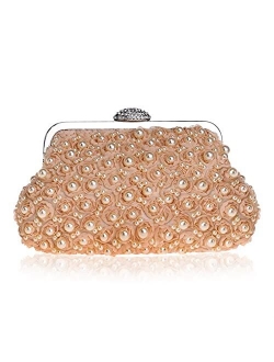 Women Pearl Beaded Evening Clutch Lace Clutch Wedding Party Handbag Purse for Lady (Color : Champagne)