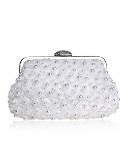 Women Pearl Beaded Evening Clutch Lace Clutch Wedding Party Handbag Purse for Lady (Color : Champagne)