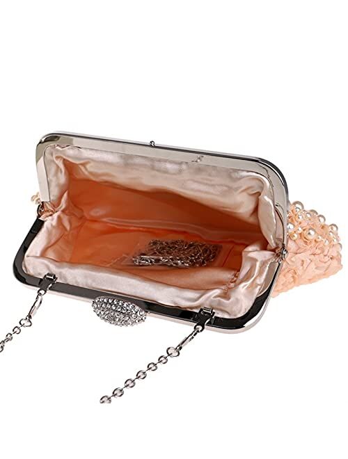 Mubolin Women Pearl Beaded Evening Clutch Lace Clutch Wedding Party Handbag Purse for Lady (Color : Champagne)