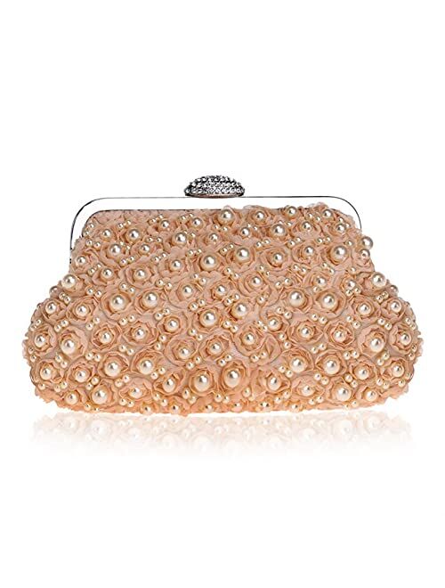 Mubolin Women Pearl Beaded Evening Clutch Lace Clutch Wedding Party Handbag Purse for Lady (Color : Champagne)