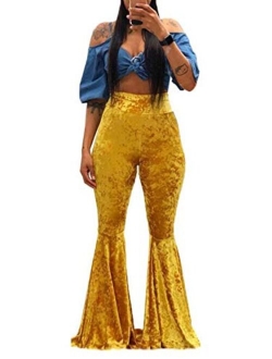 Women's Velvet High Waist Ruffle Casual Party Club Flare Bell Bottom Pants