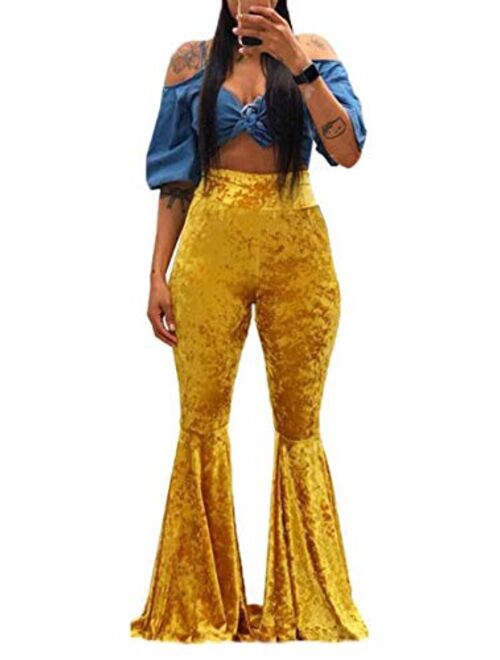 Aro Lora Women's Velvet High Waist Ruffle Casual Party Club Flare Bell Bottom Pants