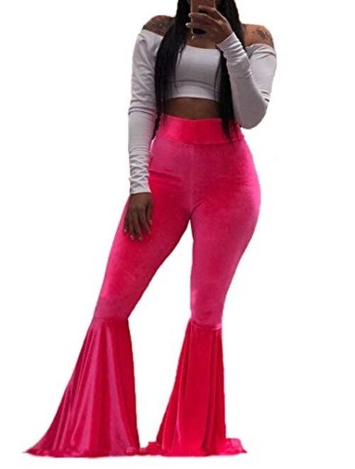 Aro Lora Women's Velvet High Waist Ruffle Casual Party Club Flare Bell Bottom Pants