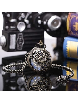Pocket Watch Mechanical Skeleton Roman Numerals Steampunk Double Case Fob Watch for Men Women with Chain