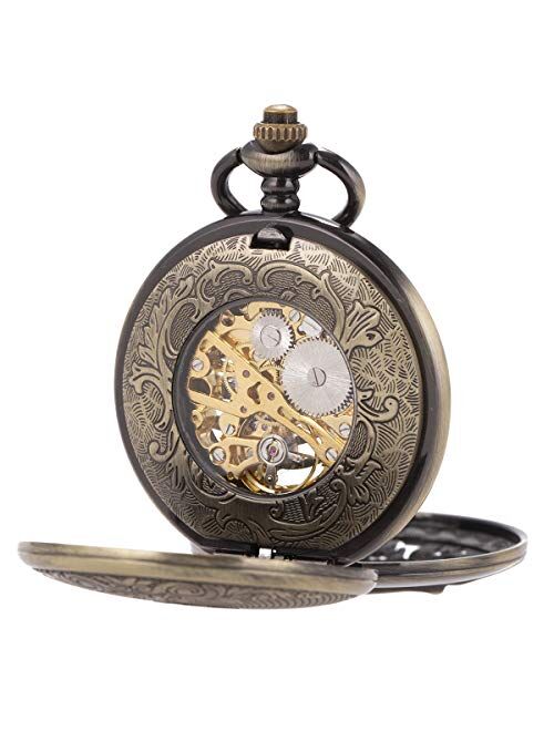 SIBOSUN Pocket Watch Mechanical Skeleton Roman Numerals Steampunk Double Case Fob Watch for Men Women with Chain