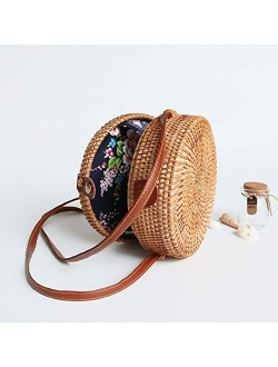 Adjustable Shoulder Leather Strap Handwoven Rattan Crossbody Bag for Women Handmade Wicker Purse Straw Bags (Color : Emerald Lining)