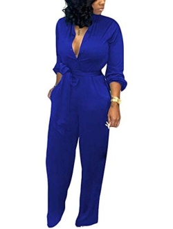 Women's Deep V Neck Long Sleeve Button Down One Piece Wide Leg Jumpsuit Romper