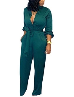 Women's Deep V Neck Long Sleeve Button Down One Piece Wide Leg Jumpsuit Romper