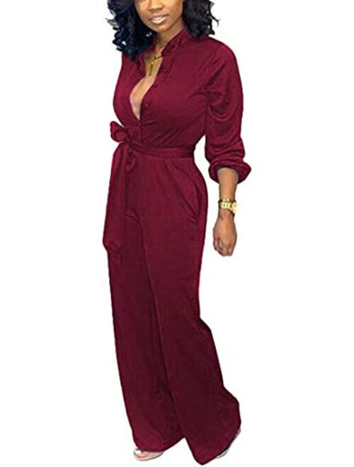 Aro Lora Women's Deep V Neck Long Sleeve Button Down One Piece Wide Leg Jumpsuit Romper