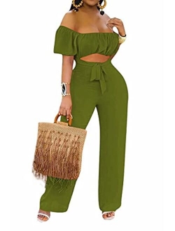 Women's Off Shoulder Floral Printed Cropped Wide Leg Jumpsuits Rompers