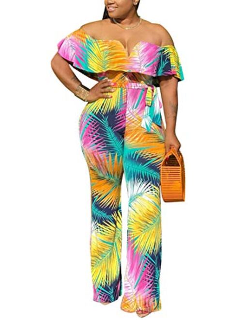 Aro Lora Women's Off Shoulder Floral Printed Cropped Wide Leg Jumpsuits Rompers