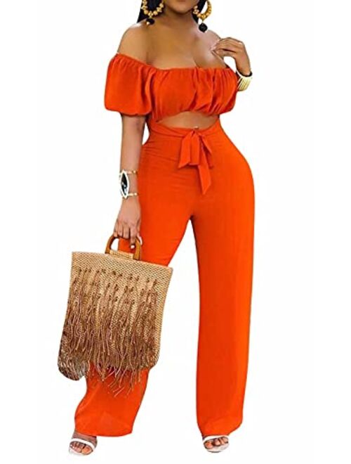 Aro Lora Women's Off Shoulder Floral Printed Cropped Wide Leg Jumpsuits Rompers