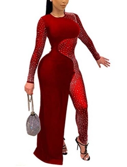 Women's Sexy Long Sleeve See Through Rhinestone Bodycon Jumpsuit Romper Clubwear