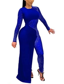 Women's Sexy Long Sleeve See Through Rhinestone Bodycon Jumpsuit Romper Clubwear