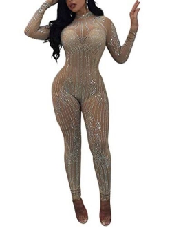 Women's Sexy Long Sleeve See Through Rhinestone Bodycon Jumpsuit Romper Clubwear