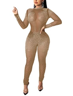 Women's Sexy Long Sleeve See Through Rhinestone Bodycon Jumpsuit Romper Clubwear