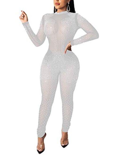 Aro Lora Women's Sexy Long Sleeve See Through Rhinestone Bodycon Jumpsuit Romper Clubwear