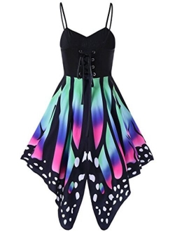 Women's Butterfly Printed Lace up High Waist A Line Irregular Swing Dress