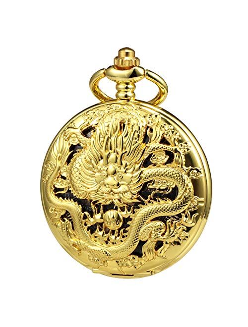 TREEWETO Mens Pocket Watch Antique Skeleton Mechanical Bronze Case 3D Steam Train Railroad Ruman Numerals Gifts for Train Lovers