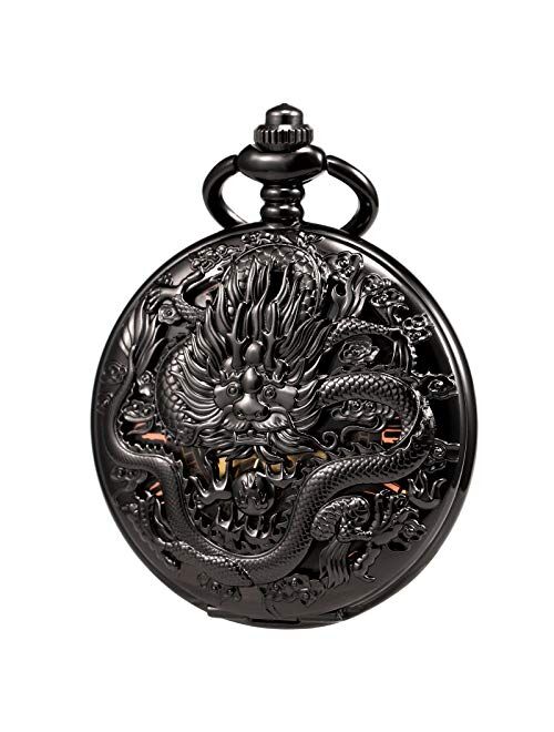 TREEWETO Mens Pocket Watch Antique Skeleton Mechanical Bronze Case 3D Steam Train Railroad Ruman Numerals Gifts for Train Lovers