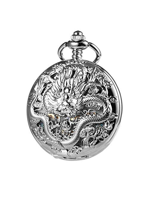 TREEWETO Mens Pocket Watch Antique Skeleton Mechanical Bronze Case 3D Steam Train Railroad Ruman Numerals Gifts for Train Lovers