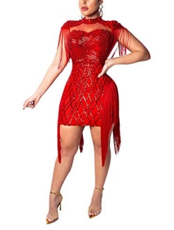 Womens Sexy Sequin Sheer Mesh See Through Long Sleeve Bodycon Midi Club Dress