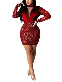 Womens Sexy Sequin Sheer Mesh See Through Long Sleeve Bodycon Midi Club Dress