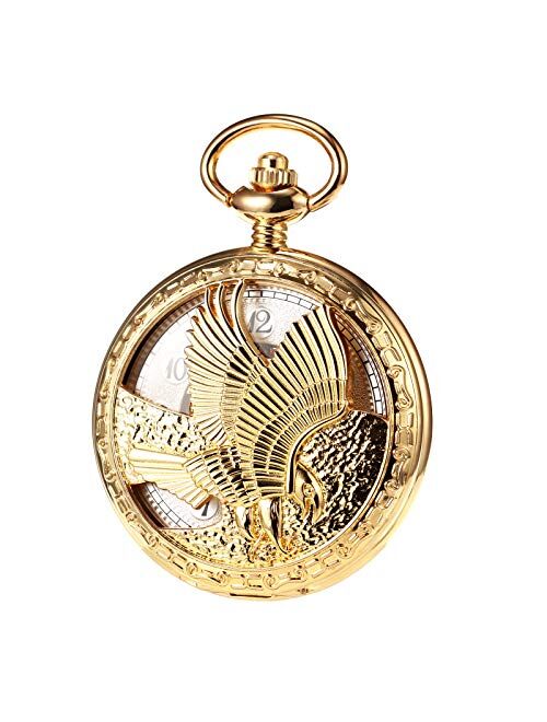 TREEWETO Mechanical Eagle Arabic Numerals Dial Skeleton Pocket Watch Watches with Gift Box and Chains for Mens Women