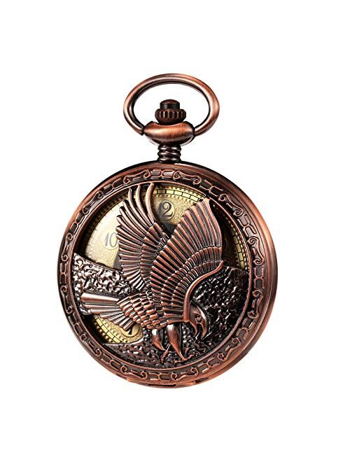 TREEWETO Mechanical Eagle Arabic Numerals Dial Skeleton Pocket Watch Watches with Gift Box and Chains for Mens Women