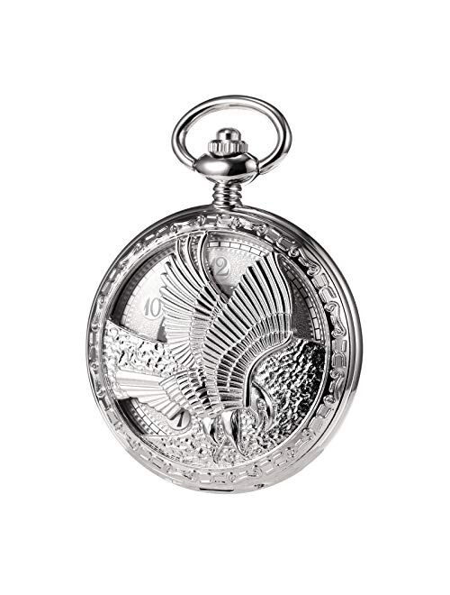 TREEWETO Mechanical Eagle Arabic Numerals Dial Skeleton Pocket Watch Watches with Gift Box and Chains for Mens Women