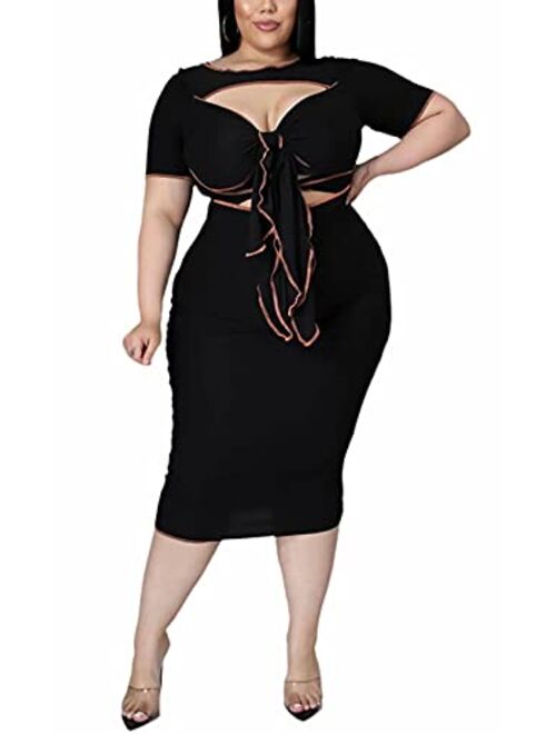 Aro Lora Womens Plus Size Sexy Cut Out Short Sleeve Tie Knot Striped Bodycon Midi Dress