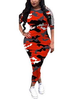 Women's Casual Crewneck Striped Camo Half Sleeve Bodycon Long Pencil Midi Dress