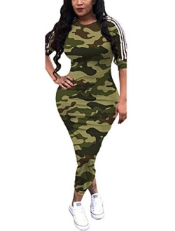 Women's Casual Crewneck Striped Camo Half Sleeve Bodycon Long Pencil Midi Dress