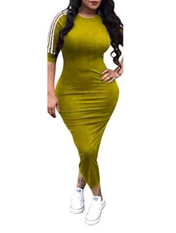 Women's Casual Crewneck Striped Camo Half Sleeve Bodycon Long Pencil Midi Dress