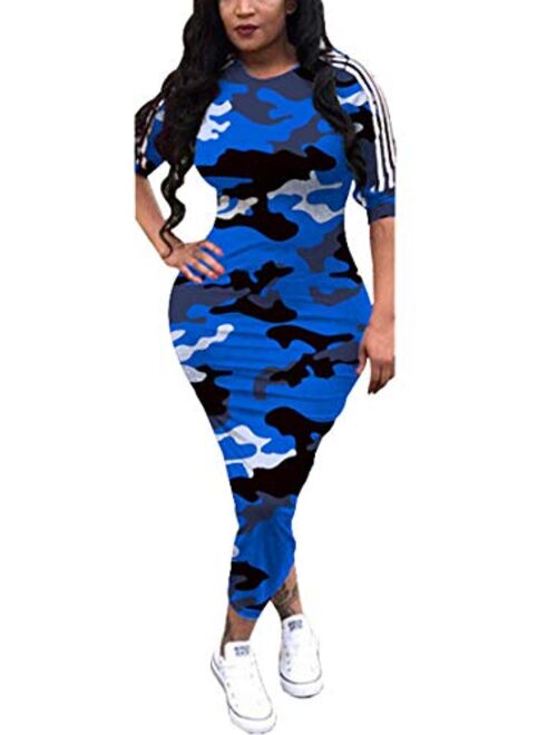 Aro Lora Women's Casual Crewneck Striped Camo Half Sleeve Bodycon Long Pencil Midi Dress