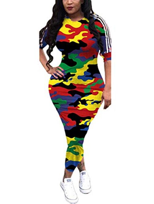 Aro Lora Women's Casual Crewneck Striped Camo Half Sleeve Bodycon Long Pencil Midi Dress