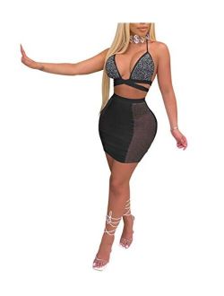 Women's Sexy See Through Rhinestones Crop Top Mini Skirt Set Bandage Two Piece Dress Outfit