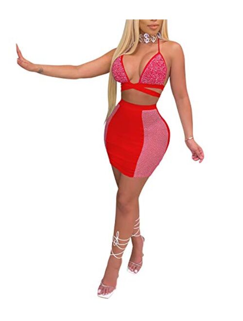 Aro Lora Women's Sexy See Through Rhinestones Crop Top Mini Skirt Set Bandage Two Piece Dress Outfit